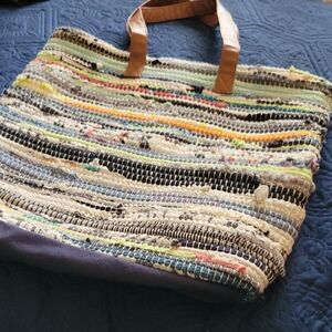 Multicolor Woven Tote Bag with Tan Handles